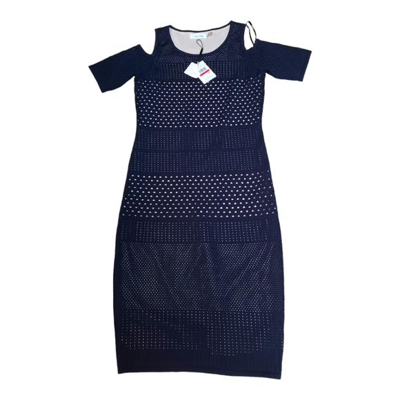 Calvin Klein Short Sleeve Cold Shoulder Sweater Dress Twilight Navy Small - Picture 7 of 12